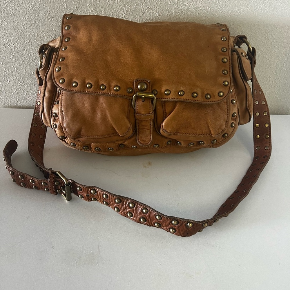 Vintage Linea Pelle Light Tan Leather Studded Leather BoHo Shoulder Bag